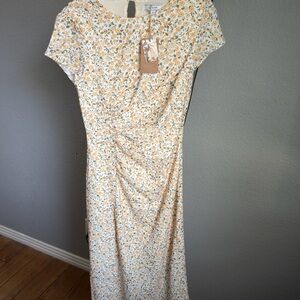 RIHOAS Cream and Yellow Floral Midi Dress